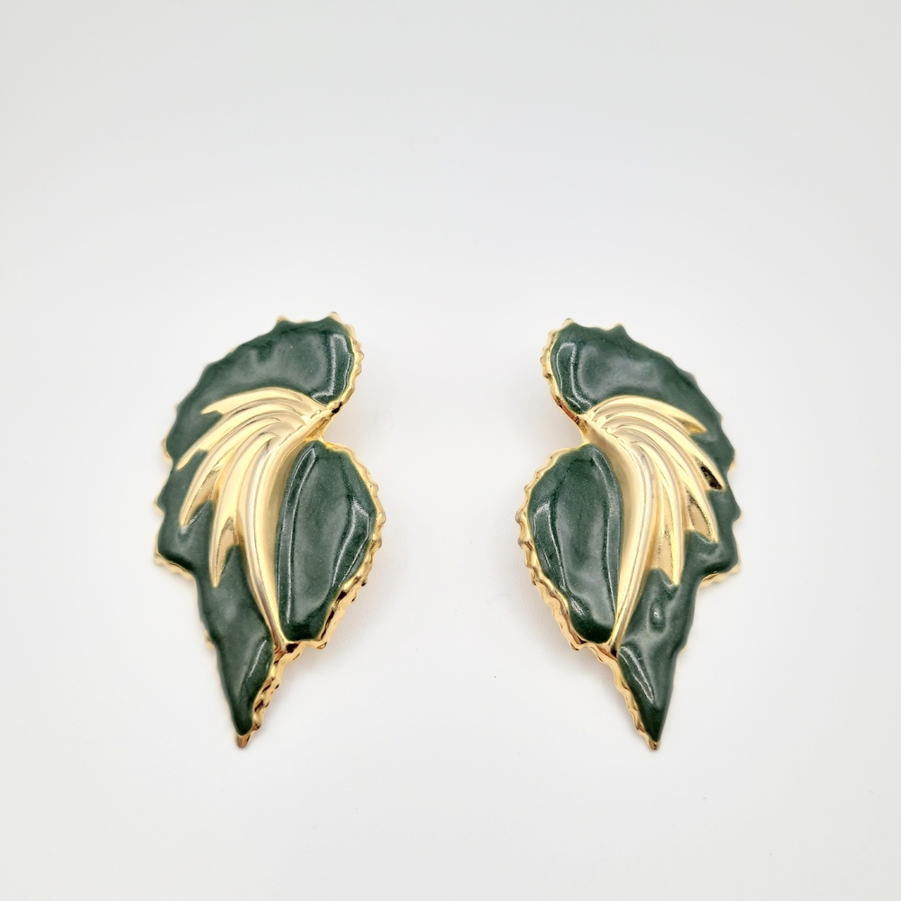Vintage Green Enamel Gold Tone Leaf Statement Earrings